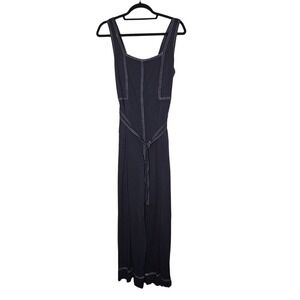 Peace Love World Black Belted Wide-Leg‎ Overalls White Contrast Stitching Size 8